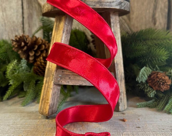 1” Red Silken Velvet Ribbon, Farrisilk ribbon, Velvet ribbon, Christmas Ribbon, Wired Ribbon, Red velvet, Velvet ribbon, Christmas Velvet