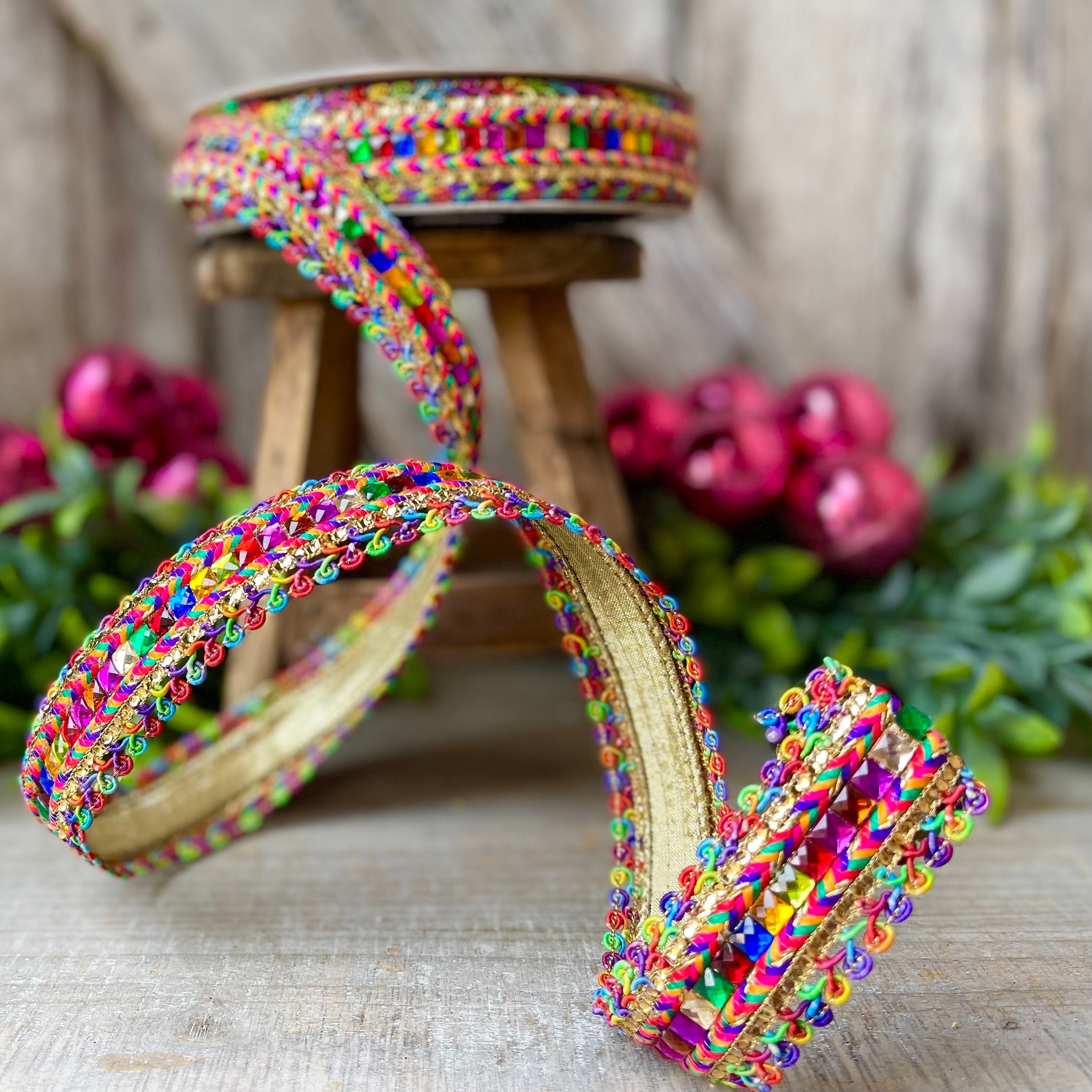 Multi color Jeweled ribbon, farrisilk ribbon, jeweled ribbon, 1.5 inch  ribbon, wired ribbon, luxury ribbon, Christmas ribbon