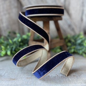 1&quot; Navy Gold Two Tone Velvet RIbbon, Farrisilk Velvet Ribbon, Farrisilk, Navy Velvet RIbbon, Christmas Velvet, Designer Ribbon, Wired Ribbon