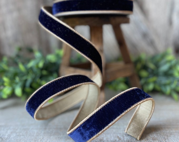 1" Navy Gold Two Tone Velvet RIbbon, Farrisilk Velvet Ribbon, Farrisilk, Navy Velvet RIbbon, Christmas Velvet, Designer Ribbon, Wired Ribbon