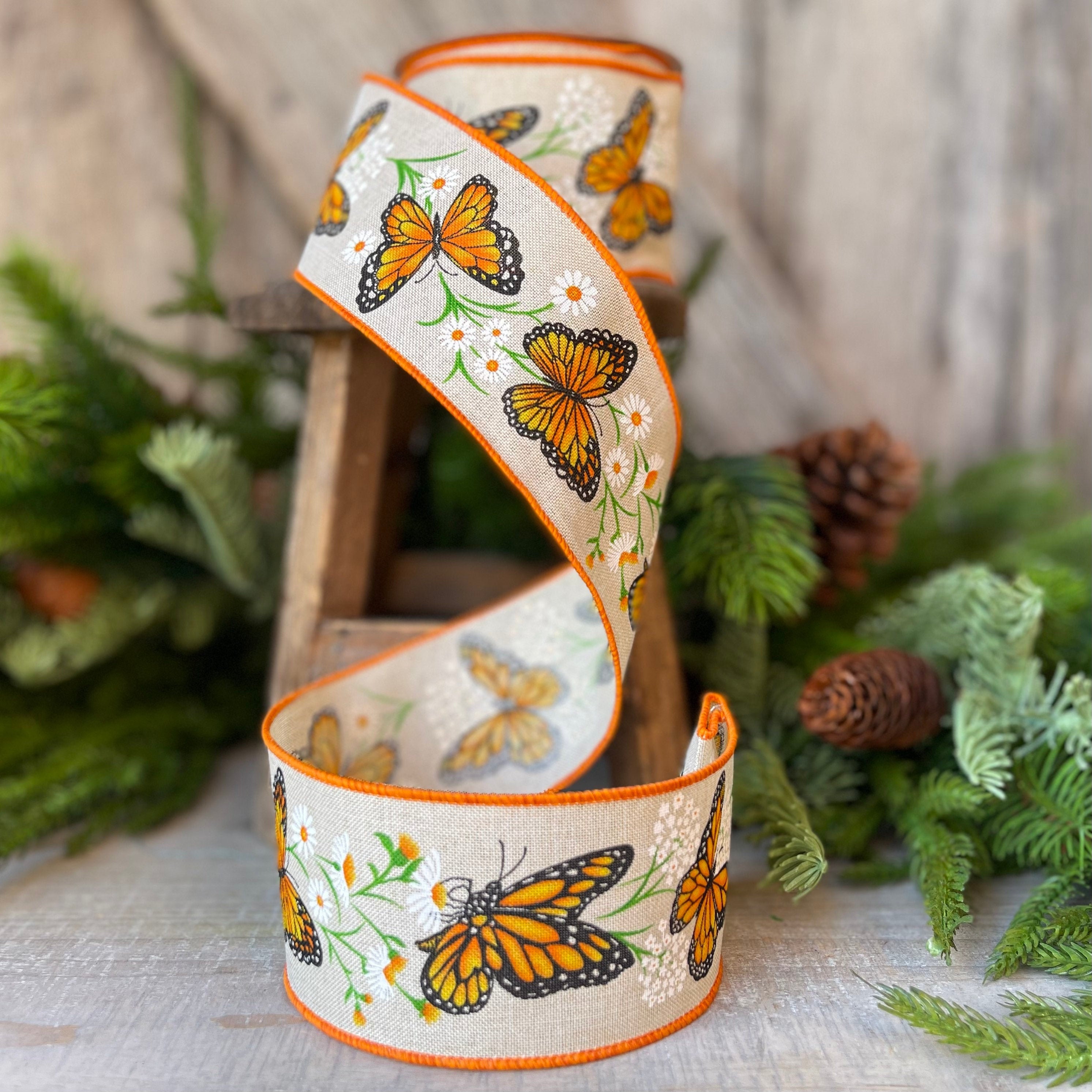 2 Butterfly Ribbons 2.5 Orange and Black Monarch Butterfly wired ribbon, Butterfly Ribbon ...