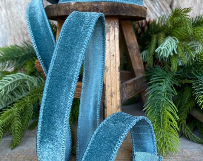 1" Blue Velveteen Ribbon, Farrisilk Ribbon, Celadon Ribbon, Fall Ribbon, Christmas Ribbon, Narrow Ribbon, RS267-75