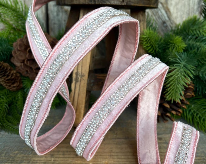 1" Pink Velvet with jewel and pearl stripe, Baby Pink Christmas Ribbon, Designer RIbbon