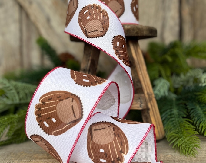 2.5" Baseball Ribbon, Baseball Glove Ribbon, Sports Ribbon, Wired Ribbon, Ribbon for Bows, Baseball Decor, Baseball Craft
