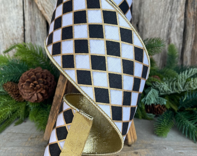 4" Black and White Harlequin Ribbon, Christmas Ribbon