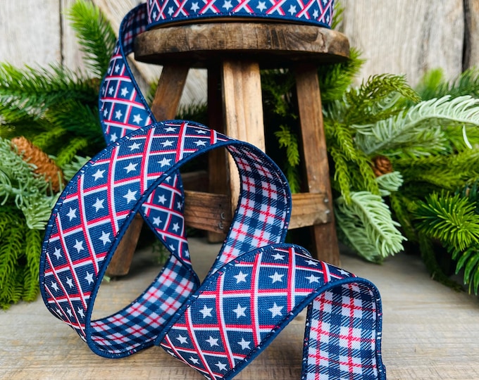 1.5" Patriotic Ribbon, Wired Ribbon, Star Ribbon, Red White Blue Ribbon, 4th of July Ribbon, 9553W-032-38E