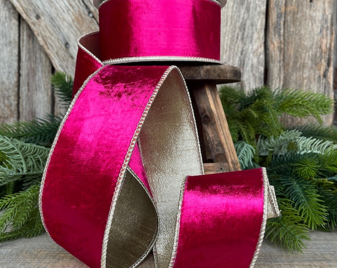 2.5” Hot Pink Satin Velvet, Farrisilk Velvet, Pink Velvet Ribbon, Hot Pink Ribbon, wired ribbon, velvet ribbon, 10 yards, RK662-08