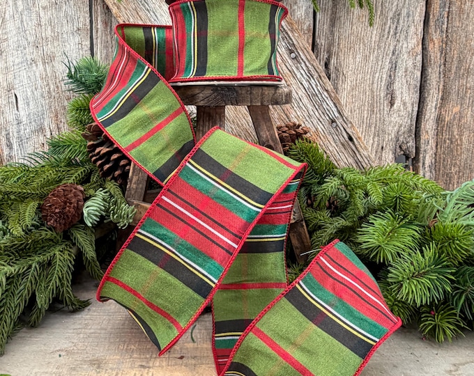 2.5" Green Tartan Christmas Plaid Ribbon, Green Red Christmas Ribb