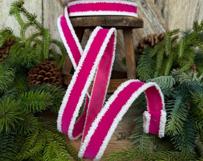 1" Hot Pink Santa Trim Ribbon, Fuzzy Border Ribbon, Santa trim ribbon