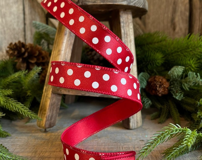 1" Red and White Polka dot ribbon, Farrislk Mini Dots, Christmas Ribbon, Red Christmas Ribbon for Tree, Wreath Supply, Wired Ribbon,RD867-93