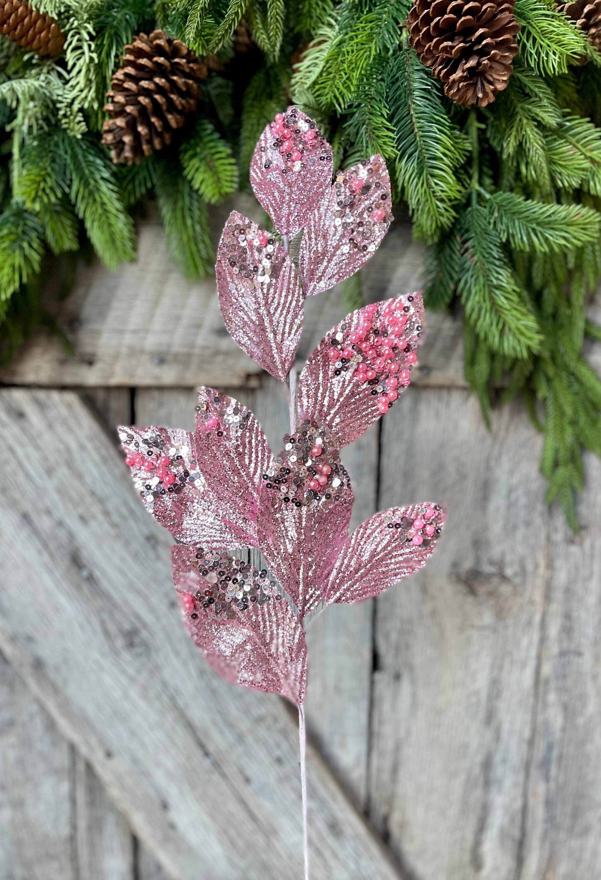 29 Pink Glitter Leaf Spray, Christmas Spray, Christmas Tree Spray, Christmas Picks & Stems