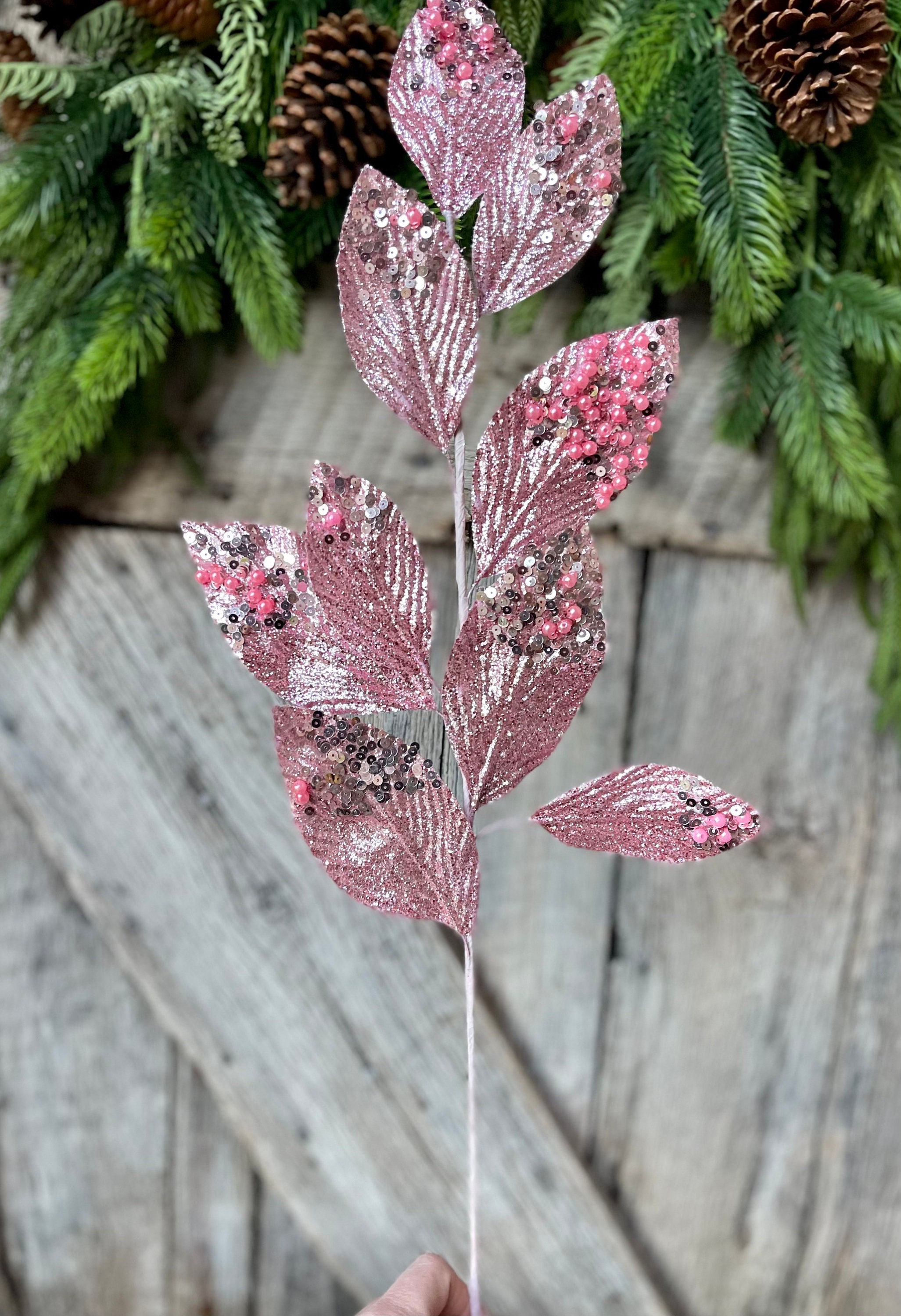29 Pink Glitter Leaf Spray, Christmas Spray, Christmas Tree Spray, Christmas Picks & Stems