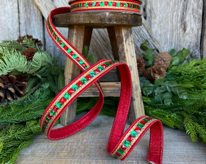 7/8" Red Green Gold Jeweled Ribbon, Jeweled Ribbon, Christmas Ribbon, Jeweled Ribbon, Christmas Ribbon, Wired Ribbon,