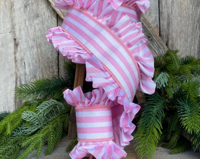 4.5" Pink Ruffle Ribbon, Farrisilk Ribbon, Pink Candy Wrap Ruffle, Pink Stripe Ribbon, Pink Christmas Ribbon, Ruffle Ribbon, RK865-14