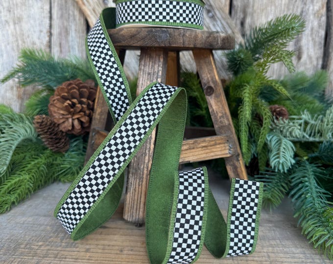 1" Black White Check Ribbon with Moss Green Trim