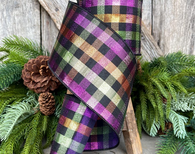 4" Halloween Spooky Plaid, Farrisilk Ribbon, Wired RIbbon, Halloween Ribbon, Halloween Metallic RIbbon, Designer Ribbon, Halloween Decor