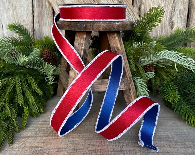 1" Patriotic Satin Ribbon, Farrisilk Ribbon, Red White Blue ribbon, 4th of July Ribbon, Double Sided Ribbon, Wired Ribbon, RS162-26