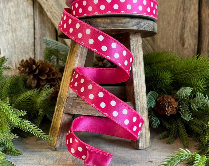 1" Hot Pink Mini Dots, Farrisilk Ribbon, Wired Ribbon,Hot Pink Polka Dot RIbbon, Christmas Ribbon, Designer RIbbon, Hot Pink Ribbon,RD867-08