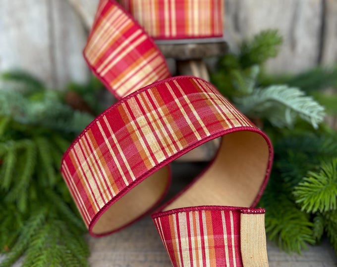 2.5" Fall Plaid Ribbon, Red Orange Prescott Plaid Ribbon, Farrisilk Ribbon, Ruby Orange Fall Plaid Ribbon, Fall Ribbon, RK368-03