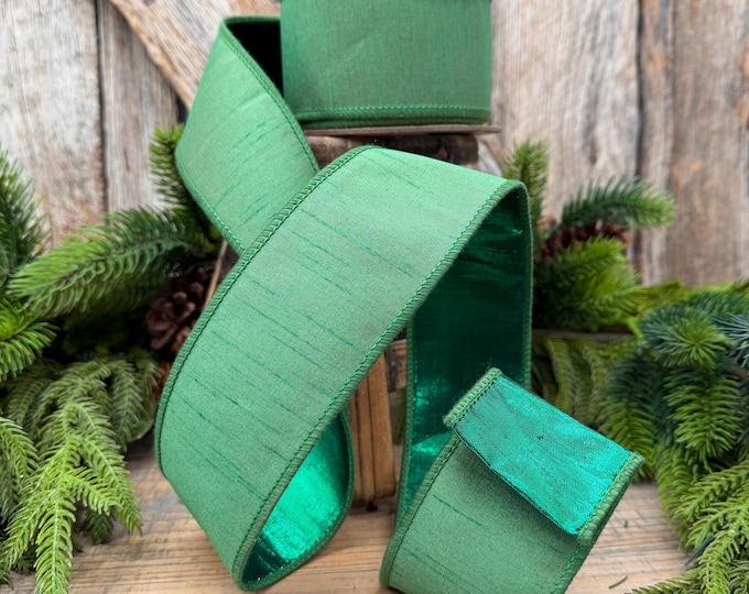 2.5" Christmas Green Dupioni Wired Ribbon with Metallic Backing – 10 Yards