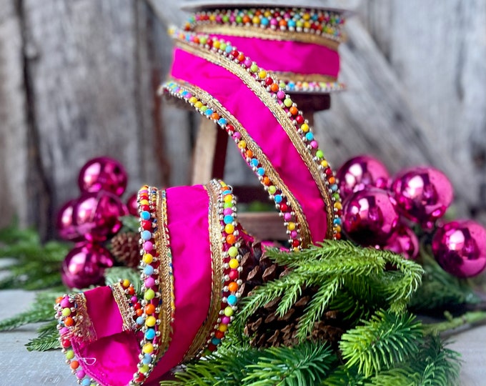 Hot Pink Beaded Christmas Candy Ribbon, Wired ribbon, beaded candy Ribbon, Colorful beaded ribbon, Christmas Tree Ribbon, Christmas Decor