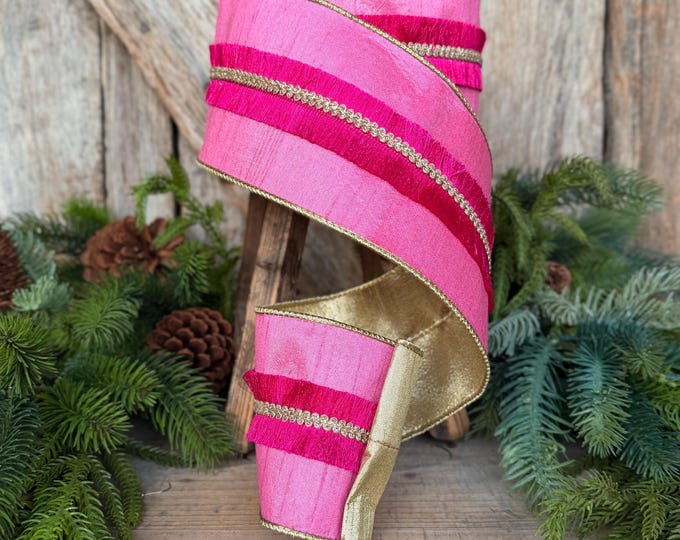 4" Pink Fringe Ribbon, Farrisilk Ribbon, Christmas Ribbon, Velvety Fringe Ribbon, RK920-74
