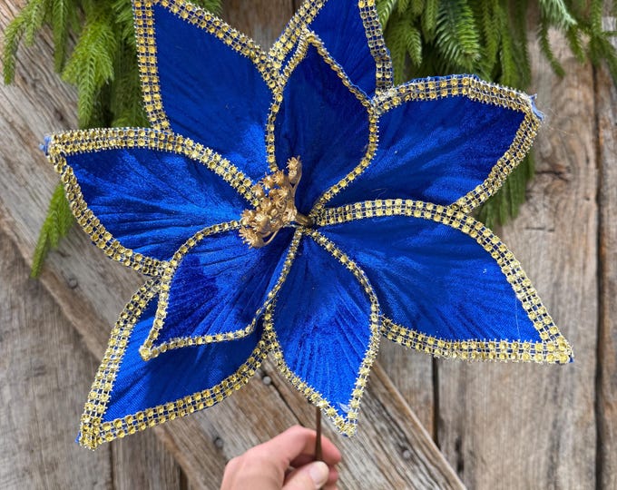 Royal Blue Velvet Poinsettia with Gold Trim - Christmas Tree Floral Decor