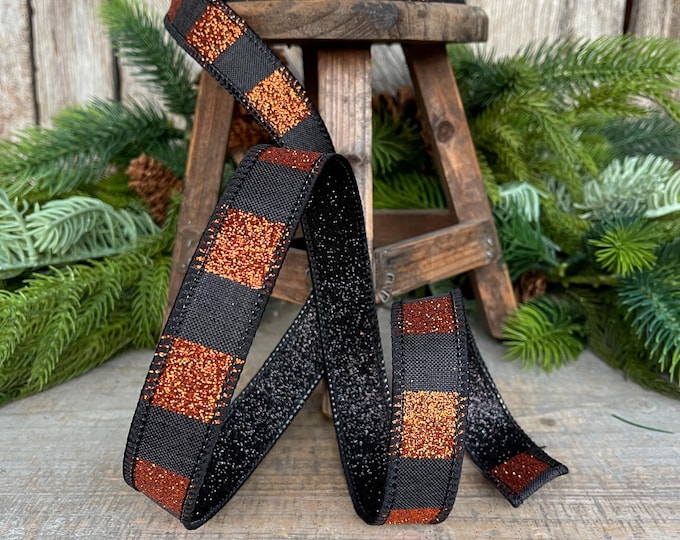1" Black Orange Halloween Ribbon, Stripe Ribbon, Black Orange Glitter Ribbon, Halloween Decor, MTH13393