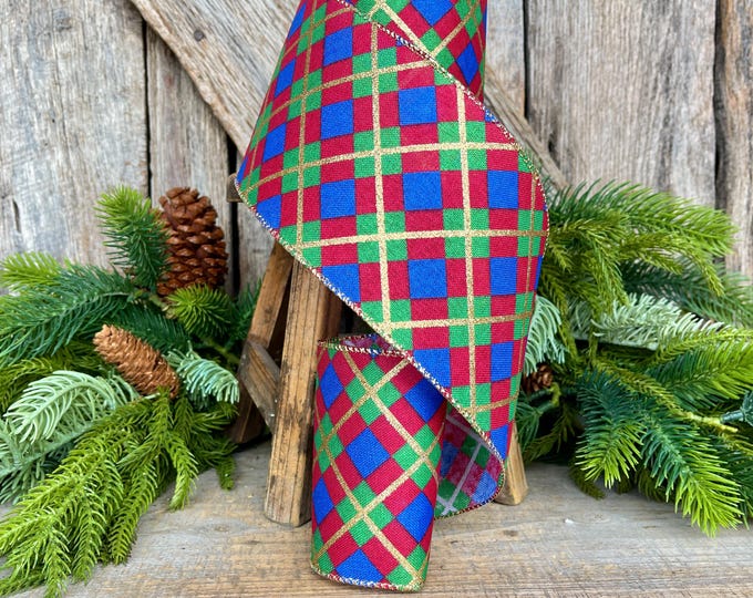 4" Blue Christmas Plaid Ribbon, Red Blue Green Gold Georgina Plaid Ribbon, Christmas plaid Ribbon, Christmas Tree Ribbon
