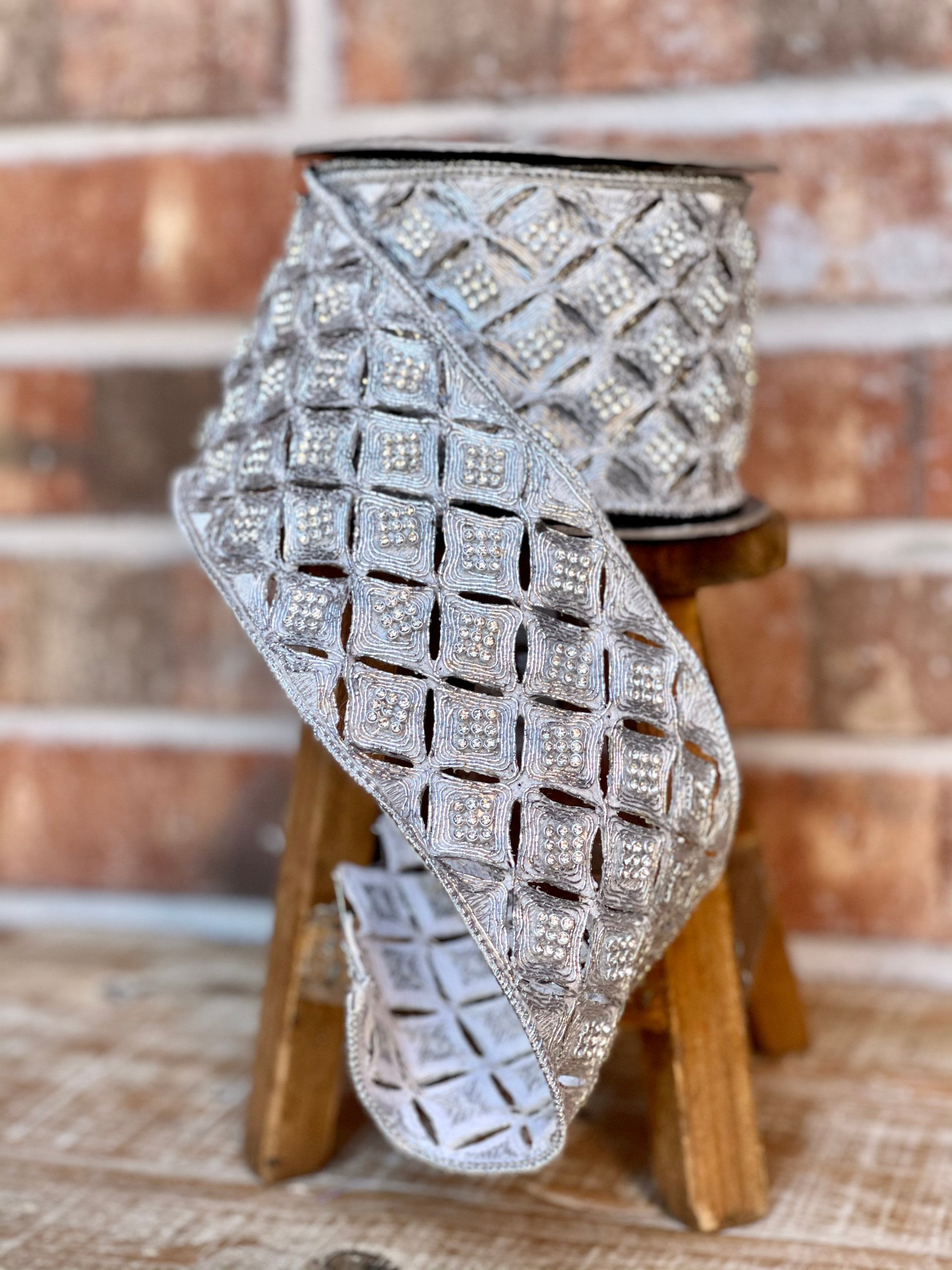 Jeweled ribbon, farrisilk ribbon, silver jeweled ribbon, 4 inch ribbon