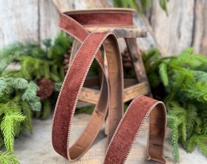1" Brown Velvet Ribbon, Wired RIbbon, Christmas RIbbon, Designer Ribbon, Ribbon for Christmas Tree