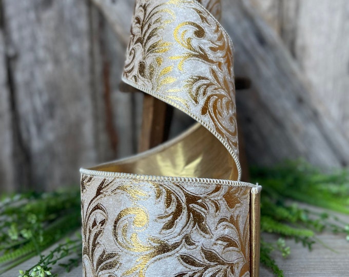 5 yards Florence Scroll ribbon, 4" Gold Ribbon, Gold Scroll, Tree Ribbon, Wired Ribbon, Wreath Supply, Christmas Ribbon, gold velvet