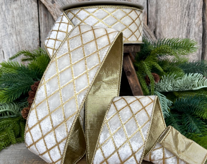 2.5" Ivory Velvet Metallic Diamonds Ribbon, Farrisilk Ribbon, Ivory and Gold Velvet, Christmas Tree Ribbon,Wired Ribbon, RG453-62