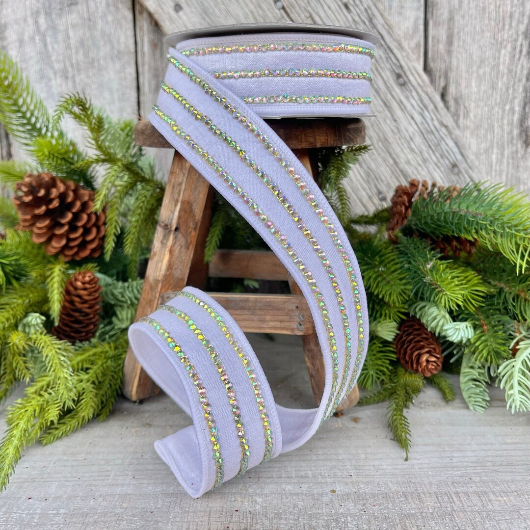 1.5 White Iridescent Jeweled Stripe Ribbon, Farrisilk Ribbon