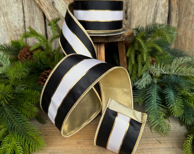 2.5" Black White Gold Stripe RIbbon