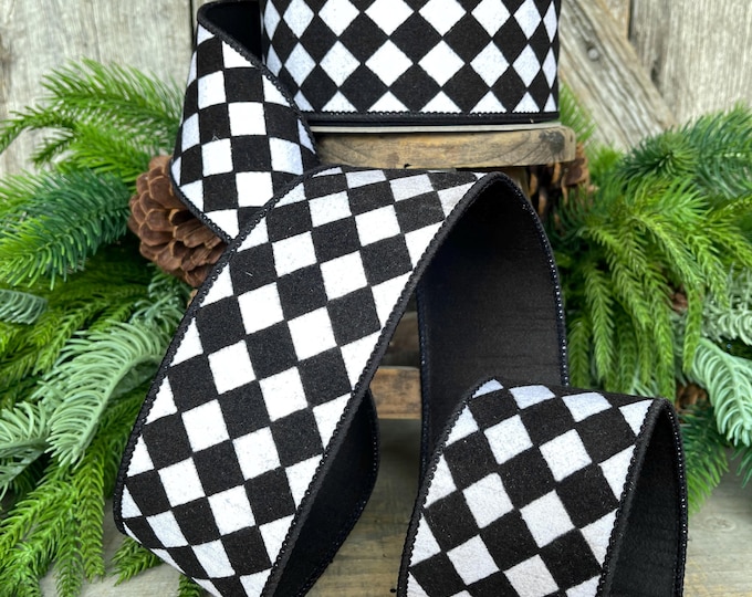2.5" Black and White Retro Harlequin Ribbon, Farrisilk Ribbon