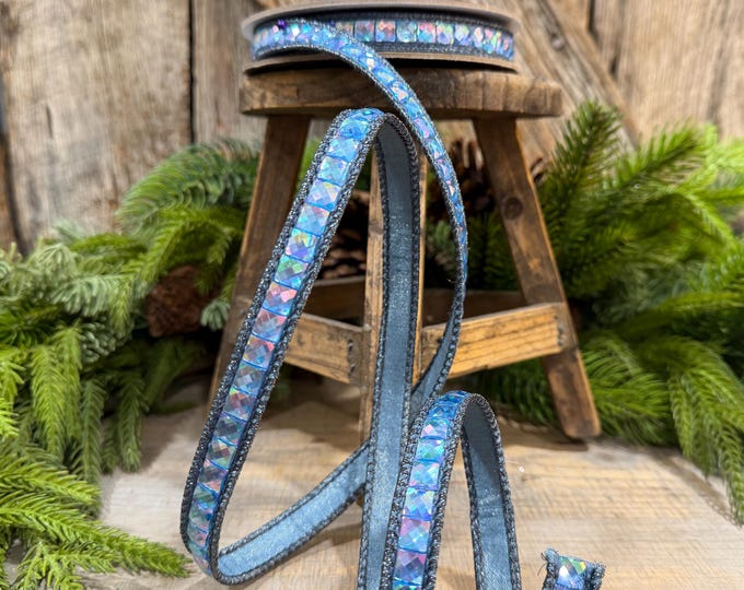 3/4" Steel Blue Gemstone Ribbon, Farrisilk Aurora Gemstones, Blue Jeweled Ribbon