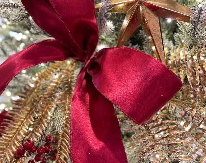 4" Wine Burgundy Ribbon, Christmas Ribbon, Shimmer Ribbon, Wired Ribbon, Maroon Ribbon