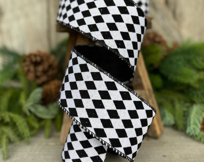 2.5" Black White Harlequin Ribbon, Flocked RIbbon, Halloween Ribbon, Harlequin Ribbon, Glittered Harlequin Ribbon, Wired Ribbon