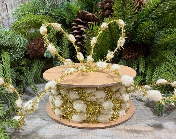 3/8" Ivory Pom Pom Tinsel Garland, Gold Metallic, 10 Yard Roll