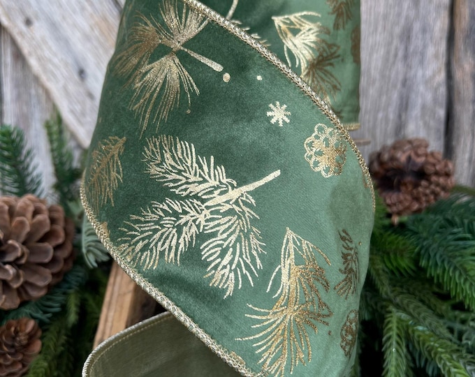 4" Green Gold Leaf Velvet Ribbon, Christmas Tree Ribbon, Green and Gold Ribbon, Forest Green Velvet, Dark Green Velvet RIbbon