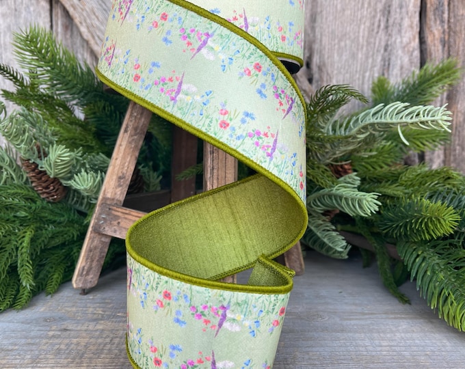 2.5" Green Wildflowers Ribbon, Farrisilk Ribbon, Floral Ribbon, Spring Ribbon, Summer Ribbon, SR029-12