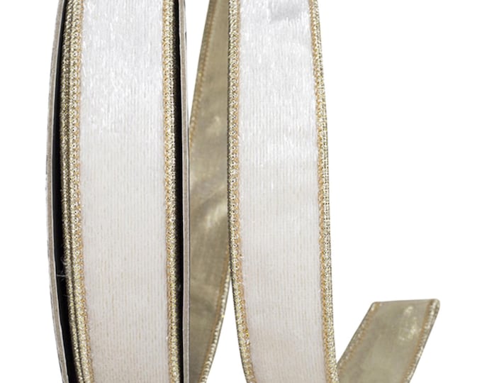 1" White Velvet Wired Ribbon with Gold Metallic Dupioni Backing, 10 Yard Roll