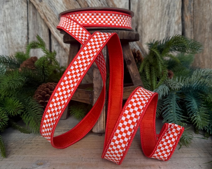 1" Orange White Check Ribbon, Halloween Ribbon, Fall Ribbon, Farrisilk Kitschy Checks, RK848-52