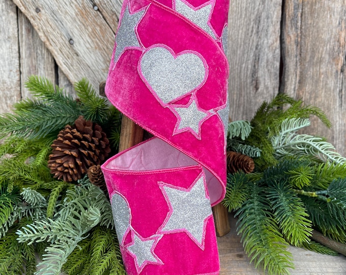 4" Hot Pink Heart Velvet Ribbon, Heart & Stars Velvet Ribbon, Hot Pink Silver Ribbon, Christmas Tree Ribbon, Ribbon for Girl's Tree
