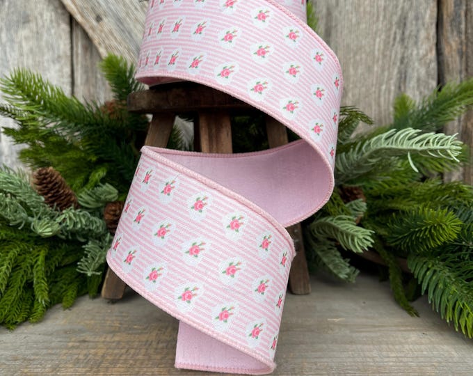 2.5" Pink rose ribbon, farrisilk ribbon, wired ribbon, rose ribbon, pink ribbon, wreath supply, victorian heart ribbon, light pink, SR021-14