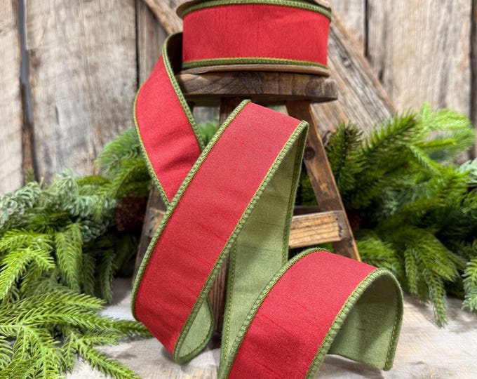 1.5" Red Moss Green Dupion Ribbon, Christmas Ribbon, Double Sided Ribbon, Christmas Tree Ribbon
