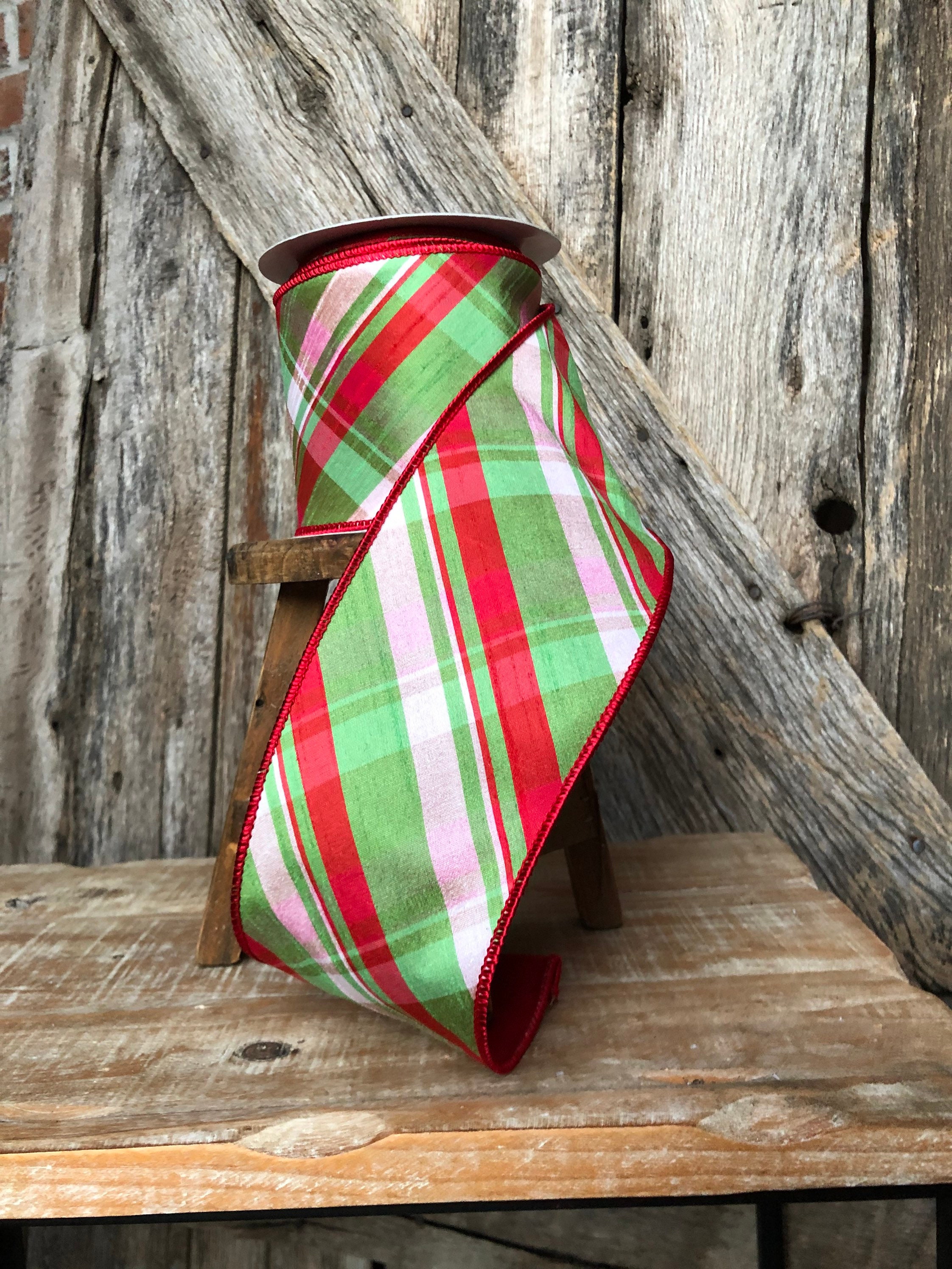 Christmas ribbon, Christmas tree ribbon, red green plaid ribbon, Christmas wreath ribbon 