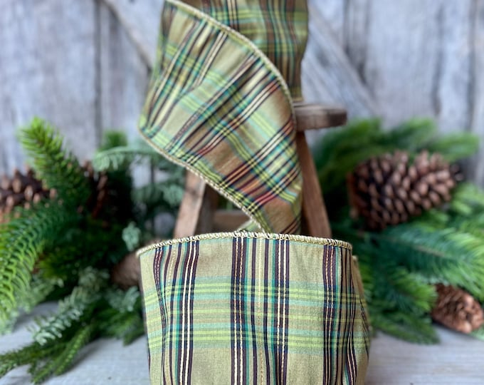 4" Green Moss Christmas Plaid, Woodsy Christmas Ribbon, Christmas Plaid Ribbon, Moss and Gold Plaid, Wired Ribbon, Green Plaid Ribbon