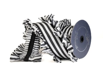Black White Ruffle Edge Wired Ribbon: Farrisilk Candy Wrap, 4.5" Wide